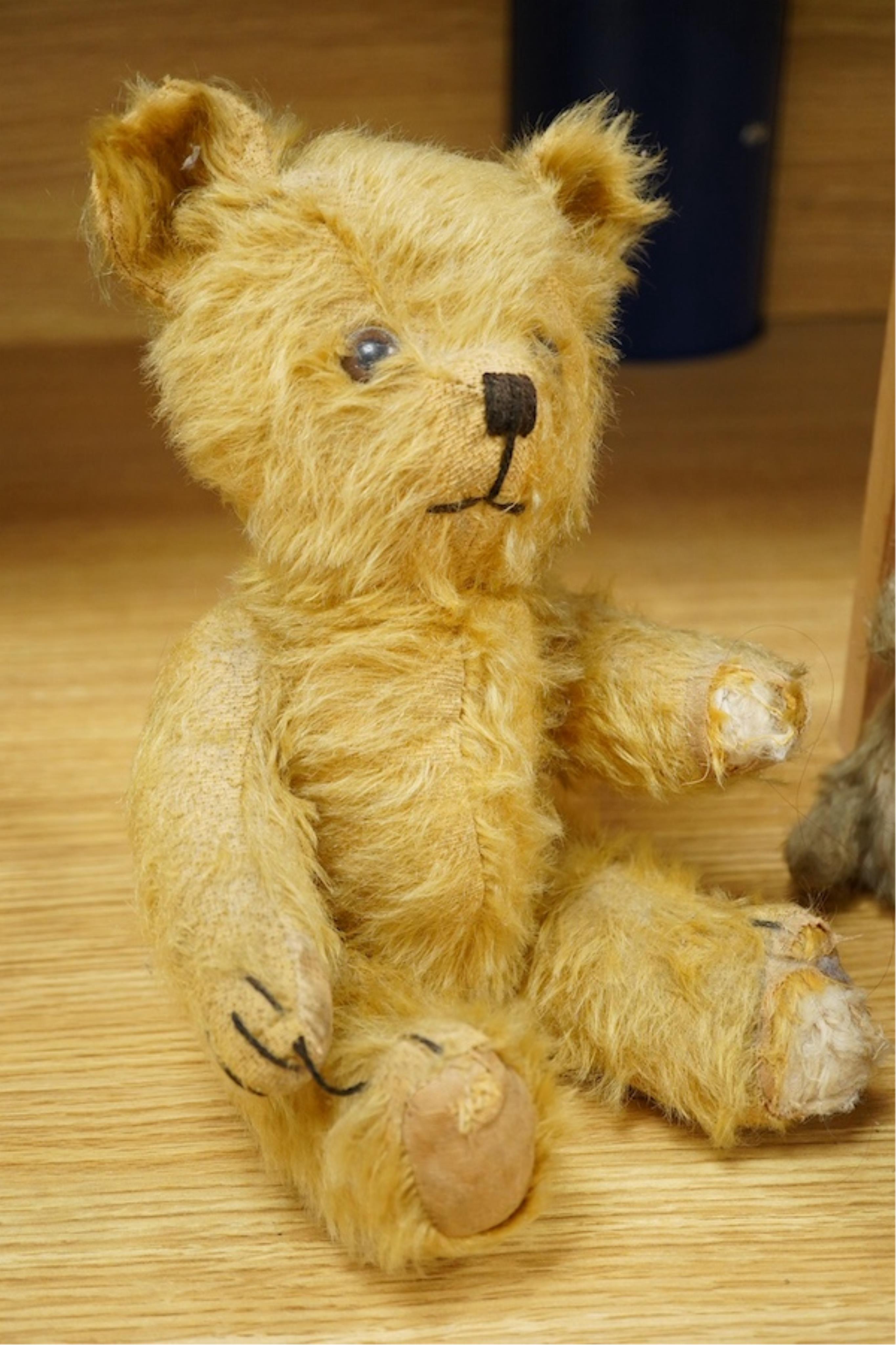 Three vintage teddy bears and a rabbit, three with jointed limbs, largest 28cm high. Condition - fair
